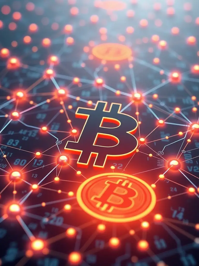 A high-resolution image of a complex, secure blockchain network, emphasizing the decentralized and encrypted nature of Bitcoin transactions.